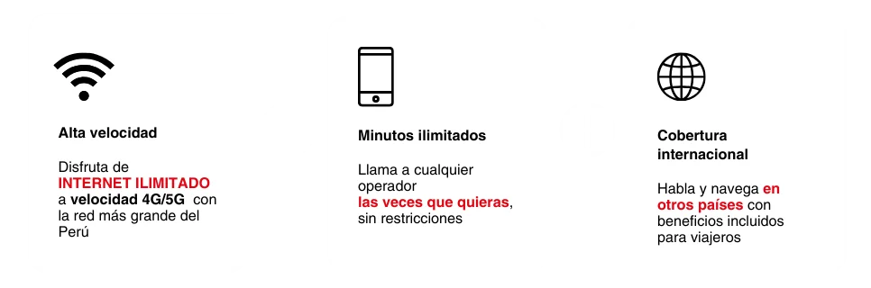 Alta velocidad: internet ilimitado a velocidad 4G/5G con la red más grande del Perú. Minutos ilimitados: llama a cualquier operador las veces que quieras, sin restricciones. Cobertura internacional: habla y navega en otros países con beneficios incluidos para viajeros.